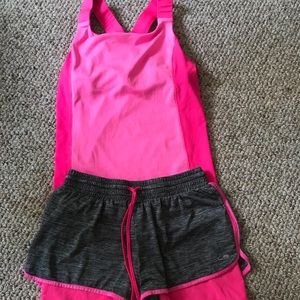 Gray/Hot pink running shorts and tank